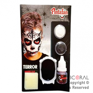 KIT MAQUILLAJE ARTISTICO BLANCO Y NEGRO (4 GR) + DIENTE DRACULA + ESPONJA + SANGRE